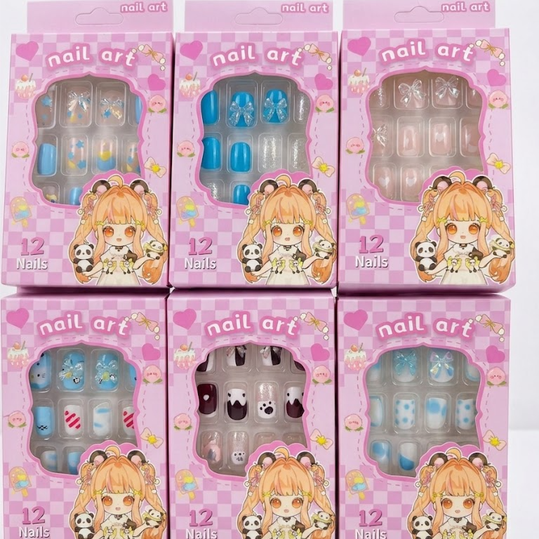 12pc Kids Press-On Nail Kit – Cute Cartoon Animal Theme False Nails Set for Children