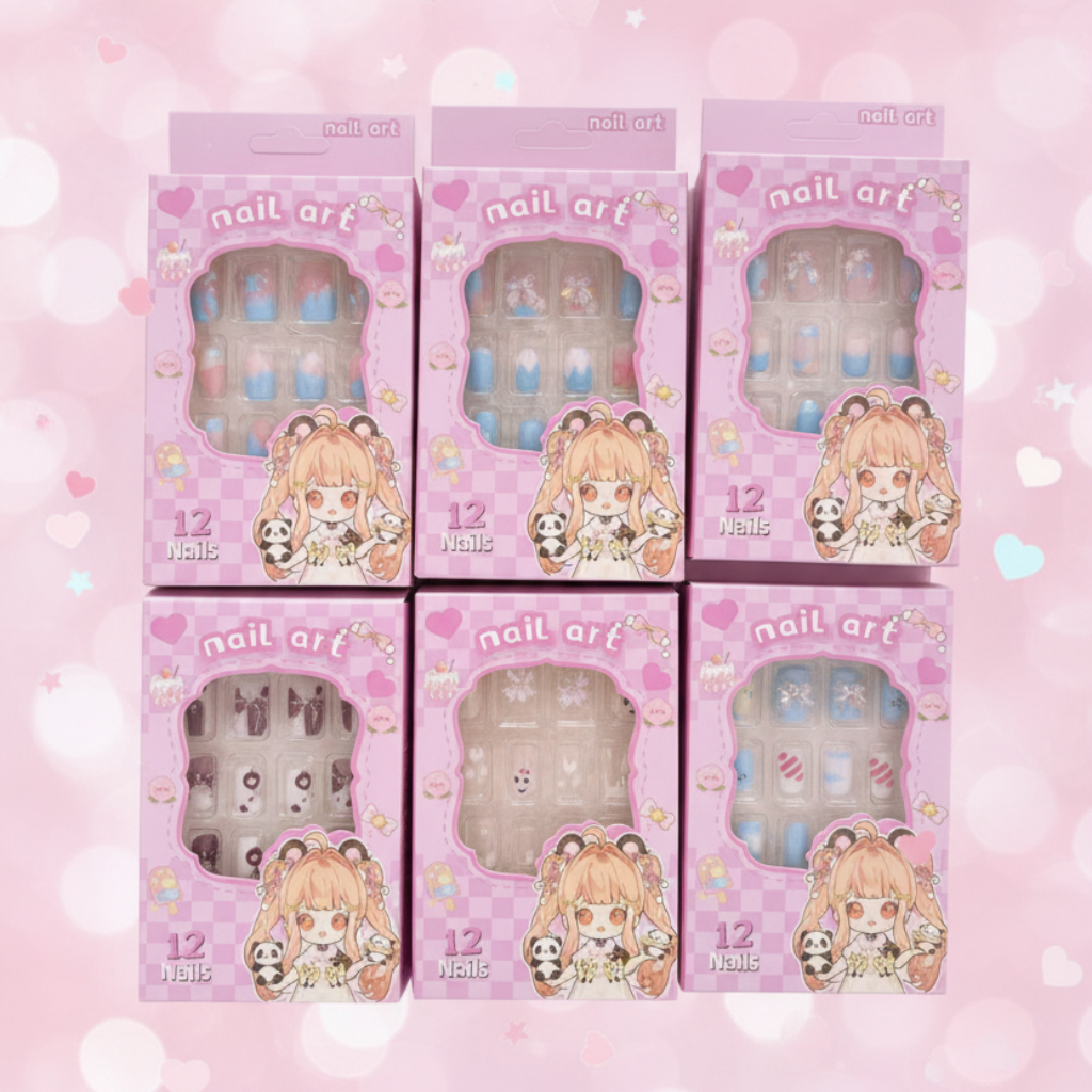 12pc Kids Press-On Nail Kit – Cute Cartoon Animal Theme False Nails Set for Children