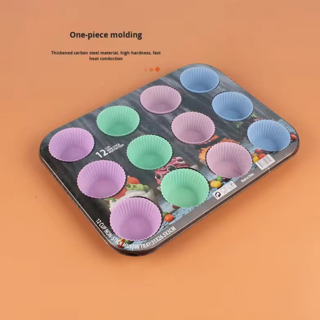 12-Cup Non-Stick Muffin Pan Set with Colorful Silicone Baking Liners