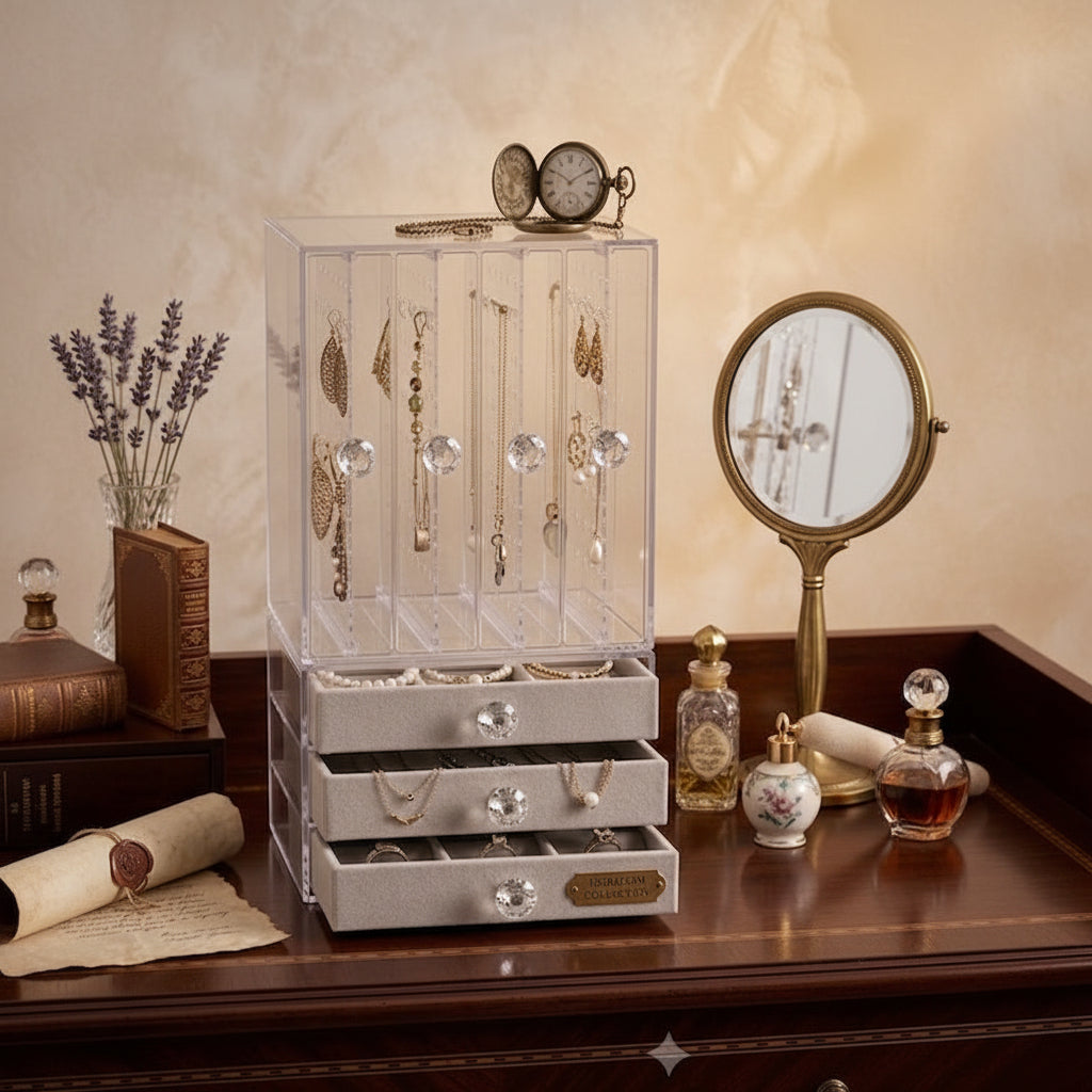 Acrylic Jewelry Organizer with Drawers & Necklace Cabinet – Multi-Compartment Storage Box