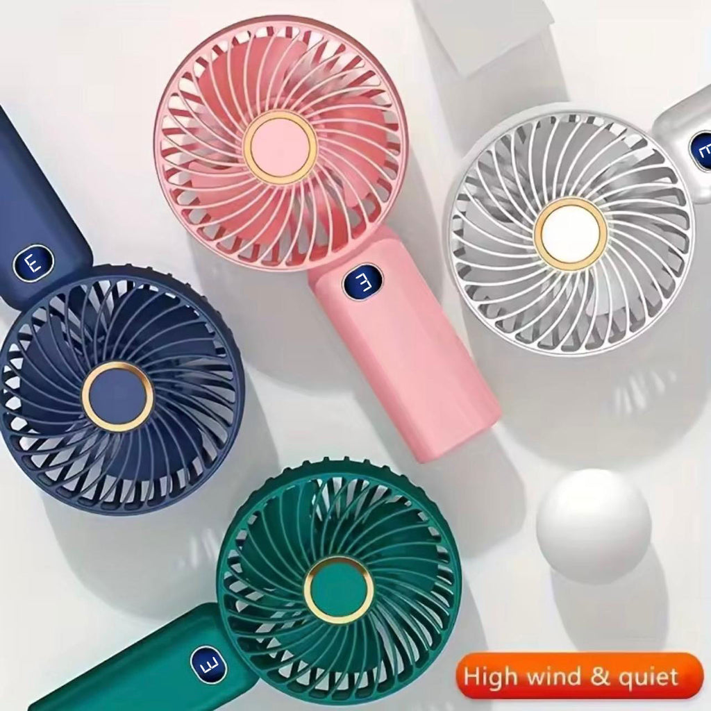 USB rechargeable handheld stand small fan, silent, portable, mini high wind desktop fan, small display 3-speed fan