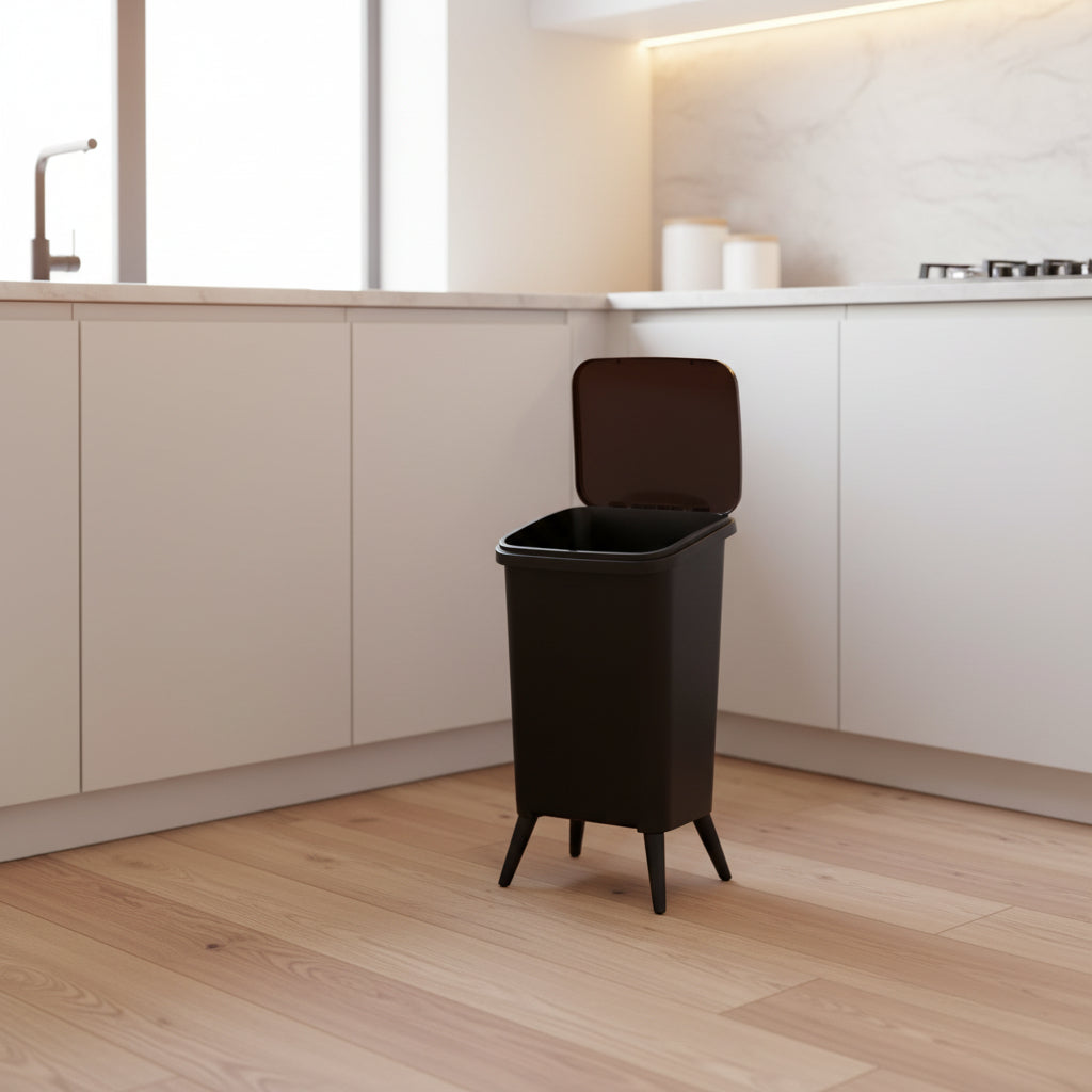Black Trash Can Modern Minimalist Waste Basket with Wood-Grain Lid