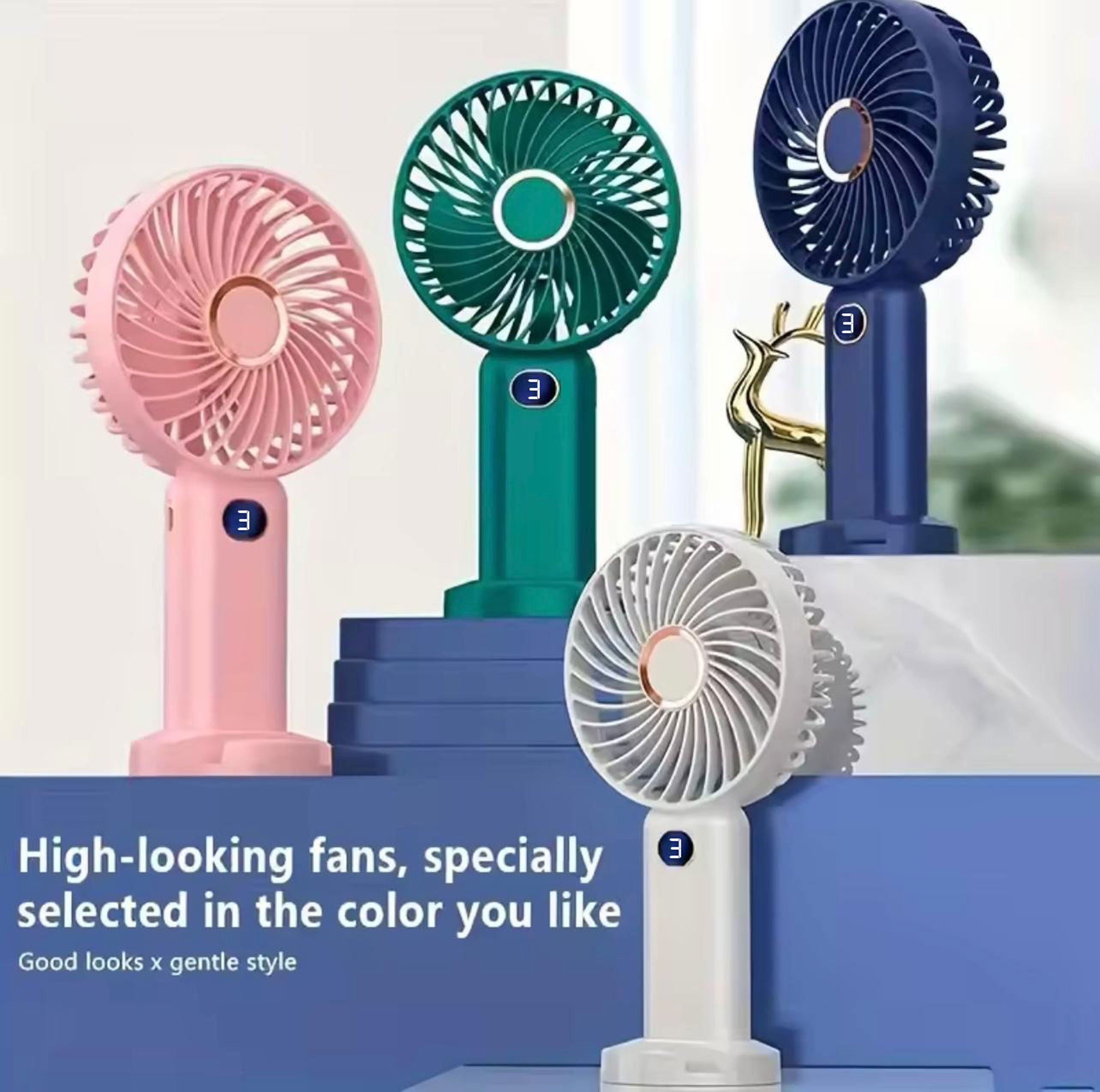 USB rechargeable handheld stand small fan, silent, portable, mini high wind desktop fan, small display 3-speed fan
