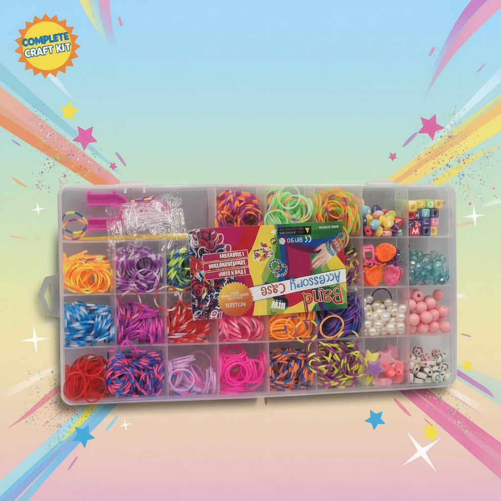 صندوق أدوات صناعة الأساور المطاطية DIY مع أشرطة ملونة للحرف اليدوية وإكسسوارات المجوهرات والهدايا