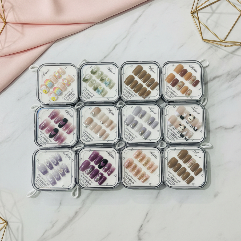Luxury Handmade Press-On Nail Set – 24-Pack Multi-Design False Nails Kit with 3D Accents, French Tips, and Clear Gift Cases