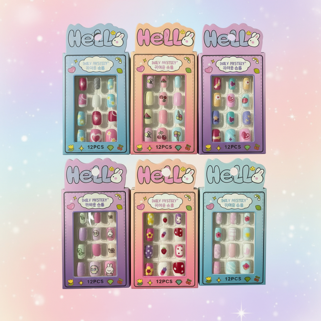 Hello Bunny Premium 12pc Kids Press-On Nail Kit – Cute Cartoon Animal & Dessert Theme Fake Nails Set for Children