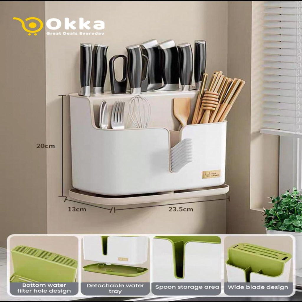 Multifunctional Knife & Cutlery Holder โ Wall-Mounted Kitchen Organizer with Drainage Tray