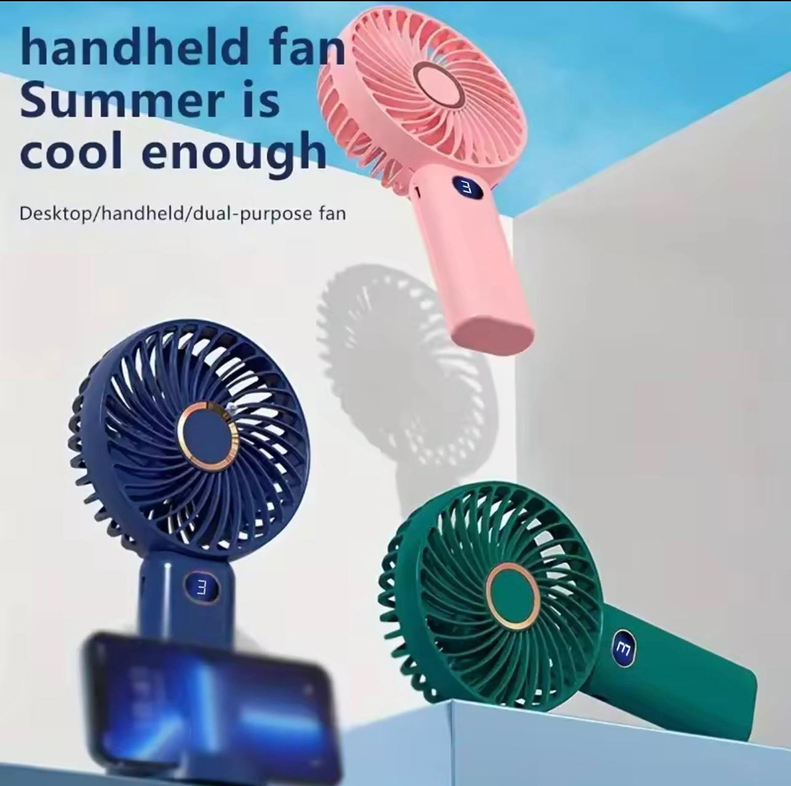 USB rechargeable handheld stand small fan, silent, portable, mini high wind desktop fan, small display 3-speed fan