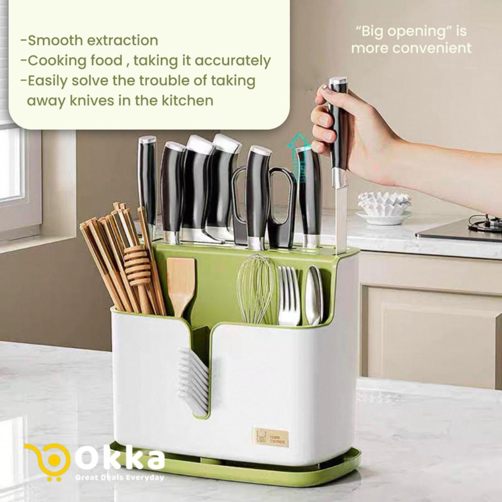 حامل سكاكين وأدوات مائدة متعدد الوظائف – منظم مطبخ مثبت على الحائط مع صينية تصريف