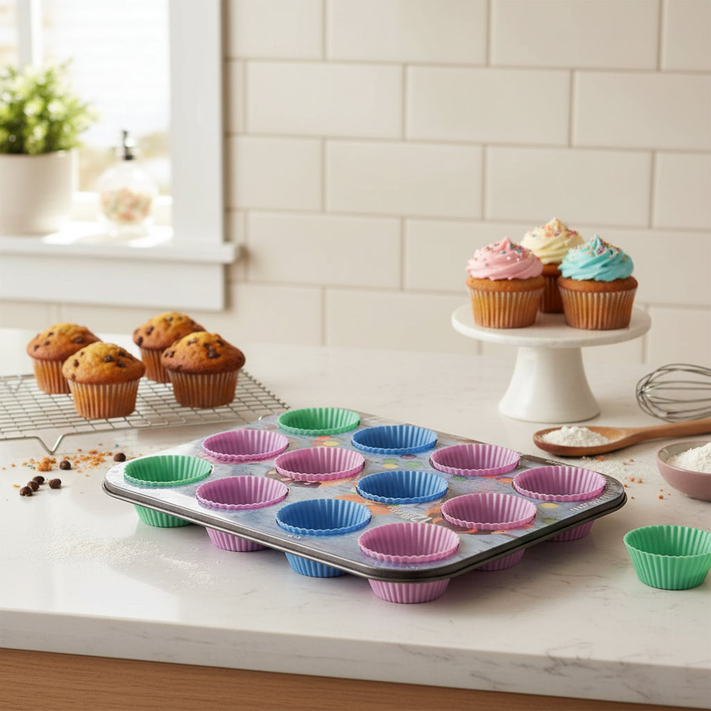 12-Cup Non-Stick Muffin Pan Set with Colorful Silicone Baking Liners