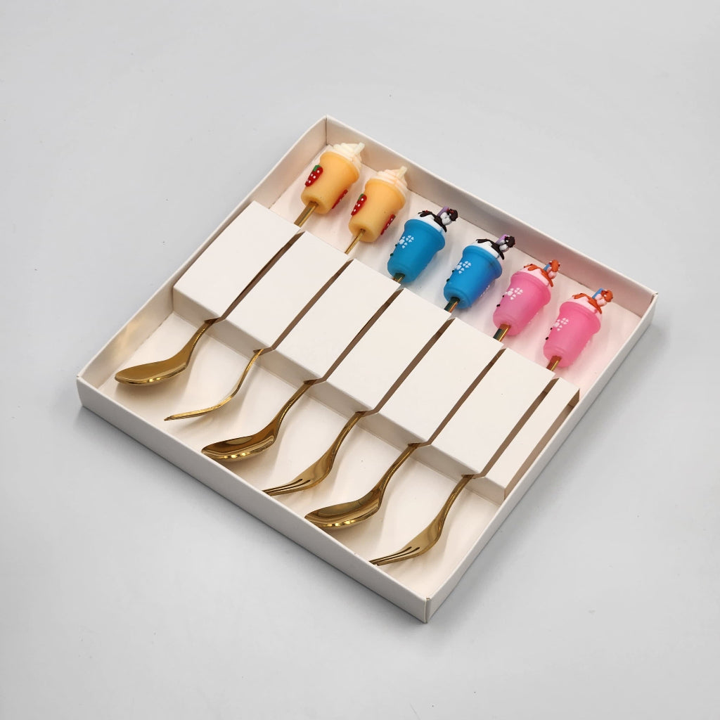 6 pcs Random Cartoon Fruit Handle Stainless Steel Fork Spoon Coffee Stirring Dessert Cake Creative Fork Spoon