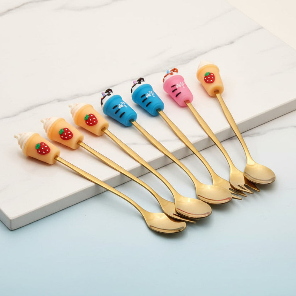 6 قطعة مقبض الفاكهة الكرتون عشوائي شوكة فولاذية غير قابلة للصدأ ملعقة القهوة اثارة كيك تحلية ملعقة شوكة الإبداعية