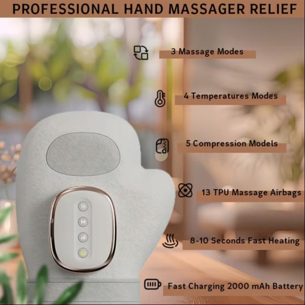 Portable Wireless Hand Massager – Air Compression & Heating, 3 Massage Modes, 4 Heat Levels, 5 Compression Modes
