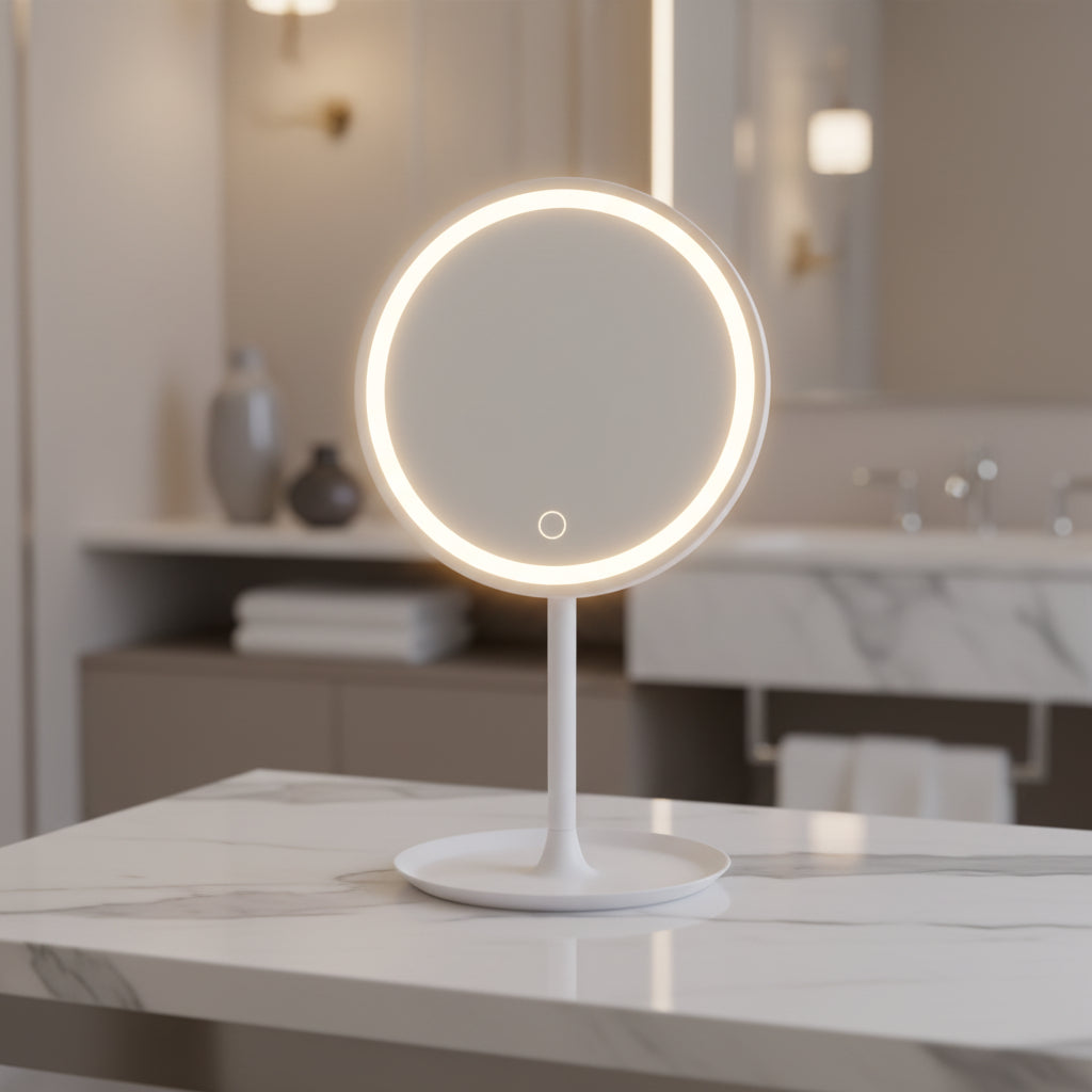 LED Lighted Makeup Mirror Desktop Vanity Mirror with Smart Touch Dimmer & Storage Base