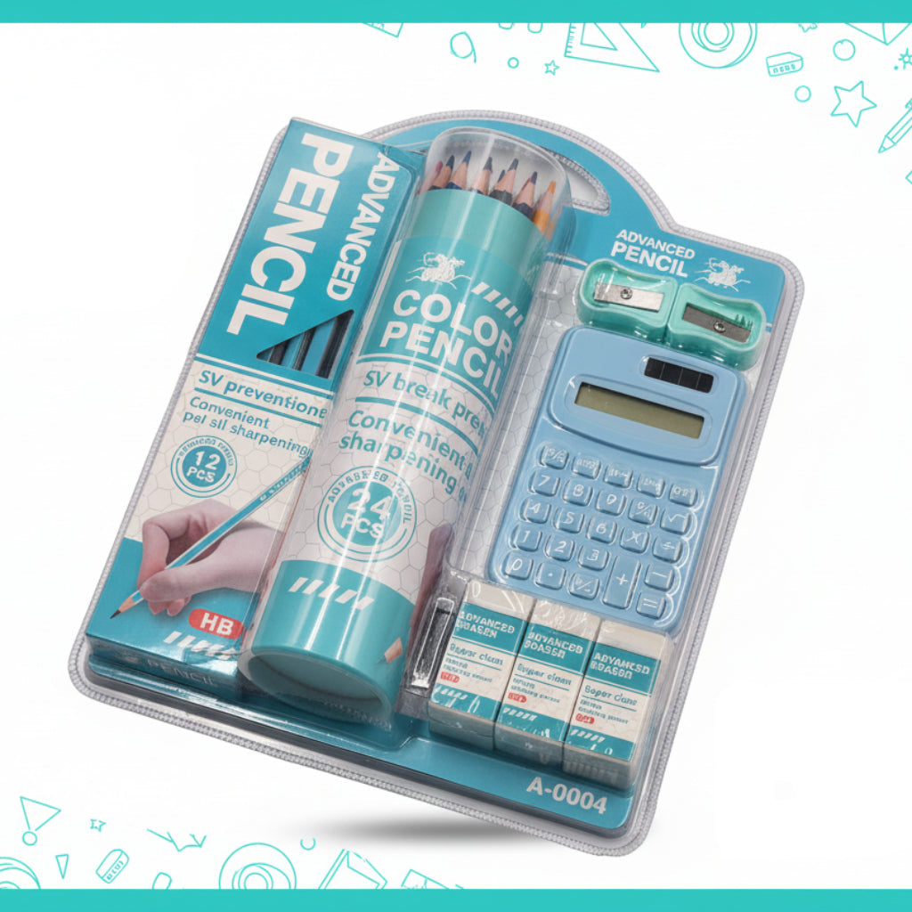 5 pcs Kids Stationery set Portable school supplies, including pencils, erasers,- sharpeners ,calculator, colors pencil ,back to school gift