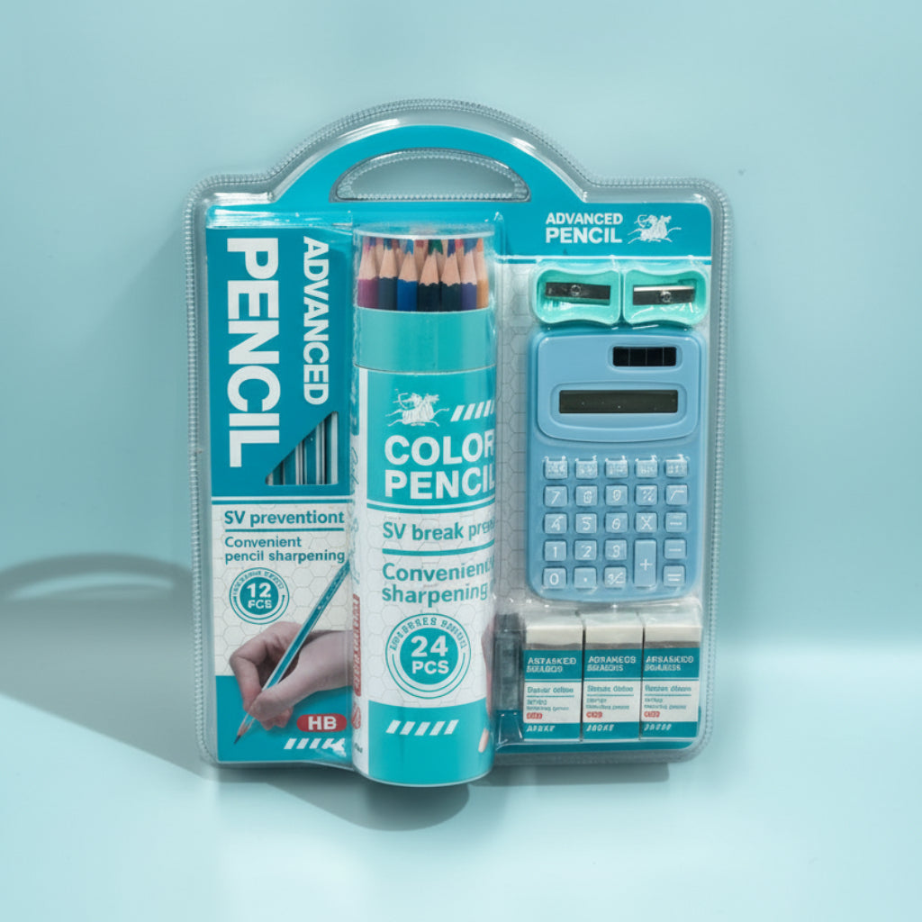 5 pcs Kids Stationery set Portable school supplies, including pencils, erasers,- sharpeners ,calculator, colors pencil ,back to school gift