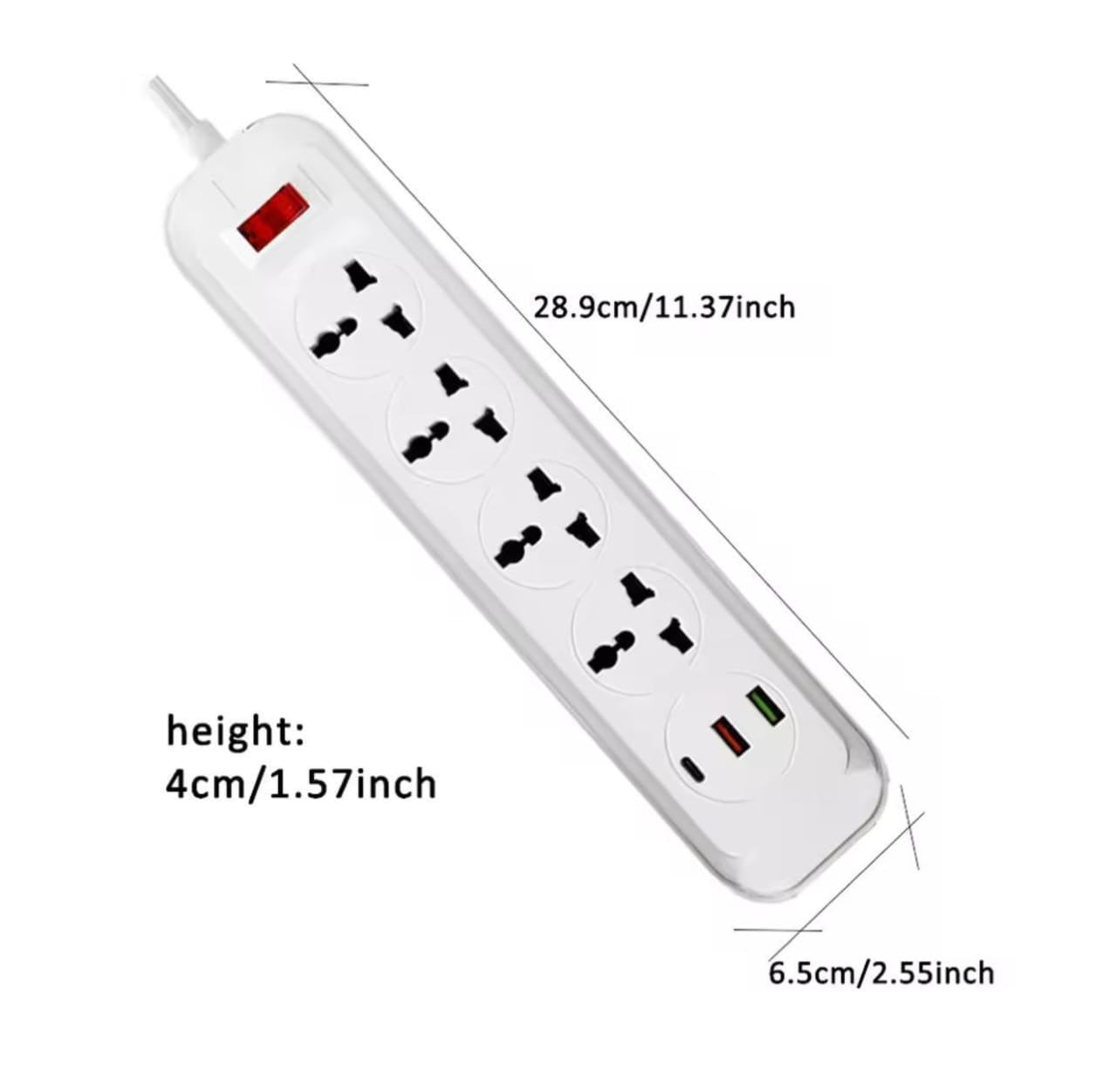 Power Strip with 4 Sockets – 2 USB-A & 1 USB-C Ports, 220V-240V, 2m Cable, UK Plug