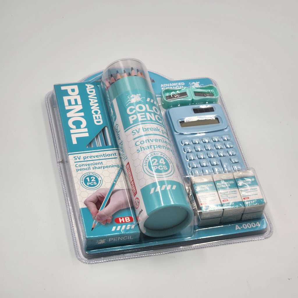 5 pcs Kids Stationery set Portable school supplies, including pencils, erasers,- sharpeners ,calculator, colors pencil ,back to school gift