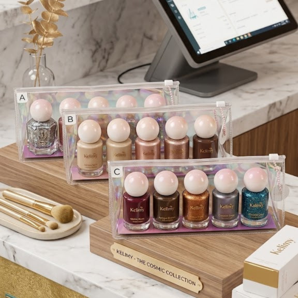 Keliny Premium 5-Piece Liquid Nail Polish Set – Multi-Color Shimmer & Matte Collection with Unique Ball-Shaped Ombre Caps and Iridescent Travel Pouch
