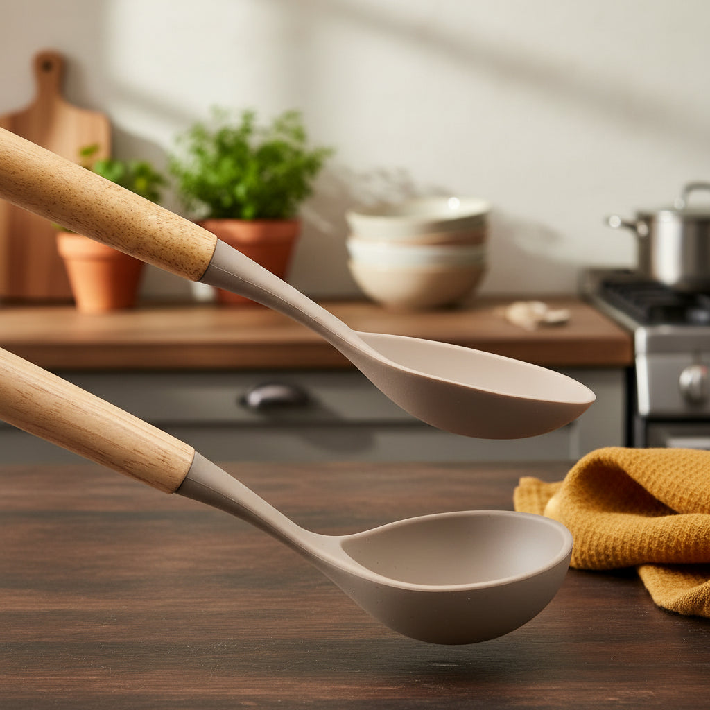 2pcs Silicone Kitchen Utensil Set with Wooden Handles – Non-Stick & Heat Resistant