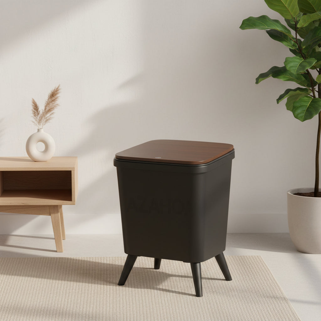 Black Trash Can Modern Minimalist Waste Basket with Wood-Grain Lid
