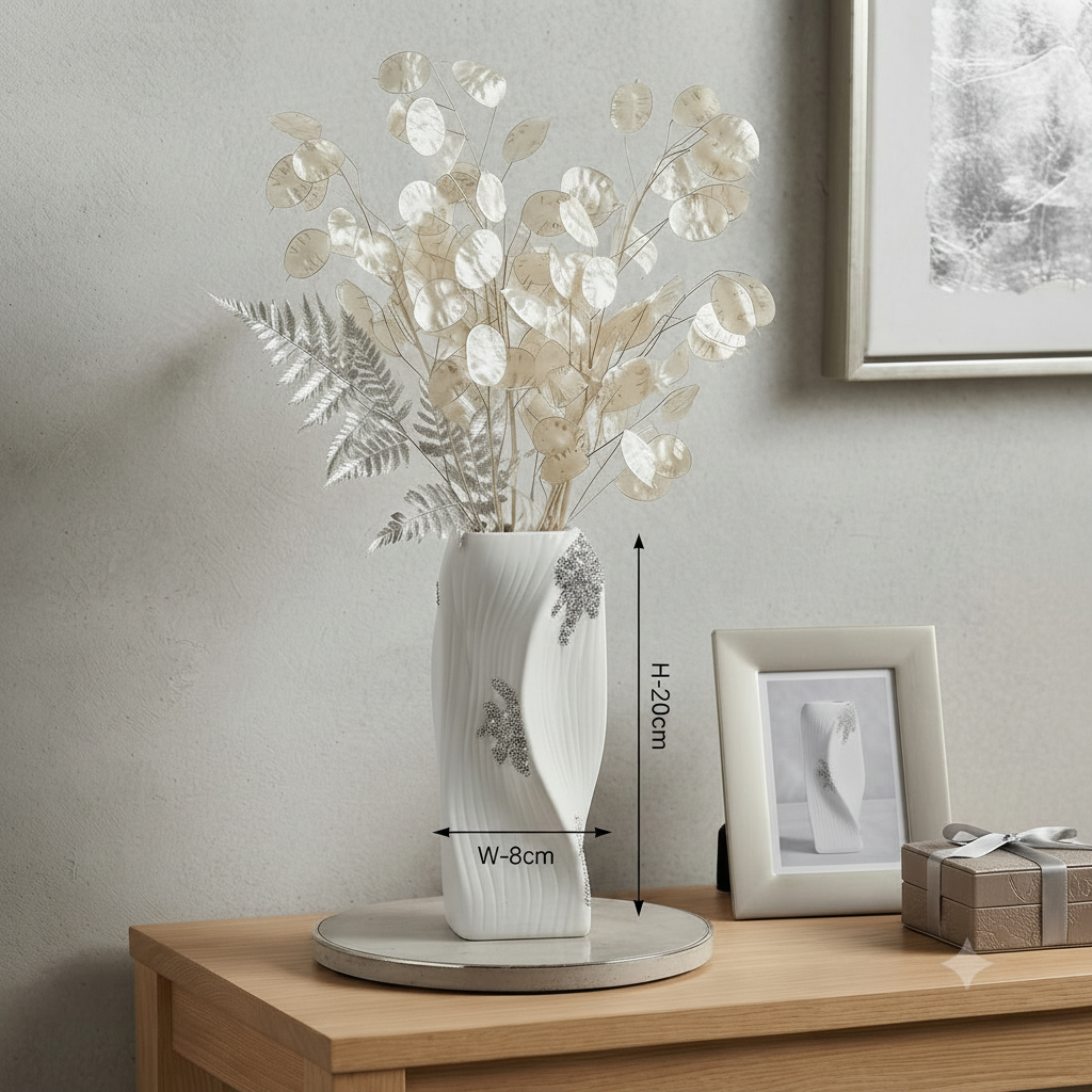White & Silver Abstract Curved Ceramic Vase – Modern Decorative Home Accent