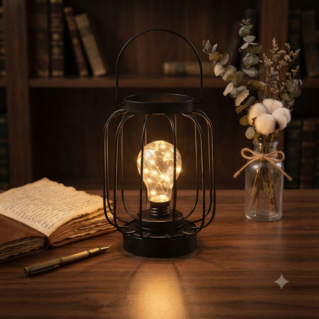 Vintage Metal Wire Cage LED Table Lantern – Decorative Battery-Operated Night Light