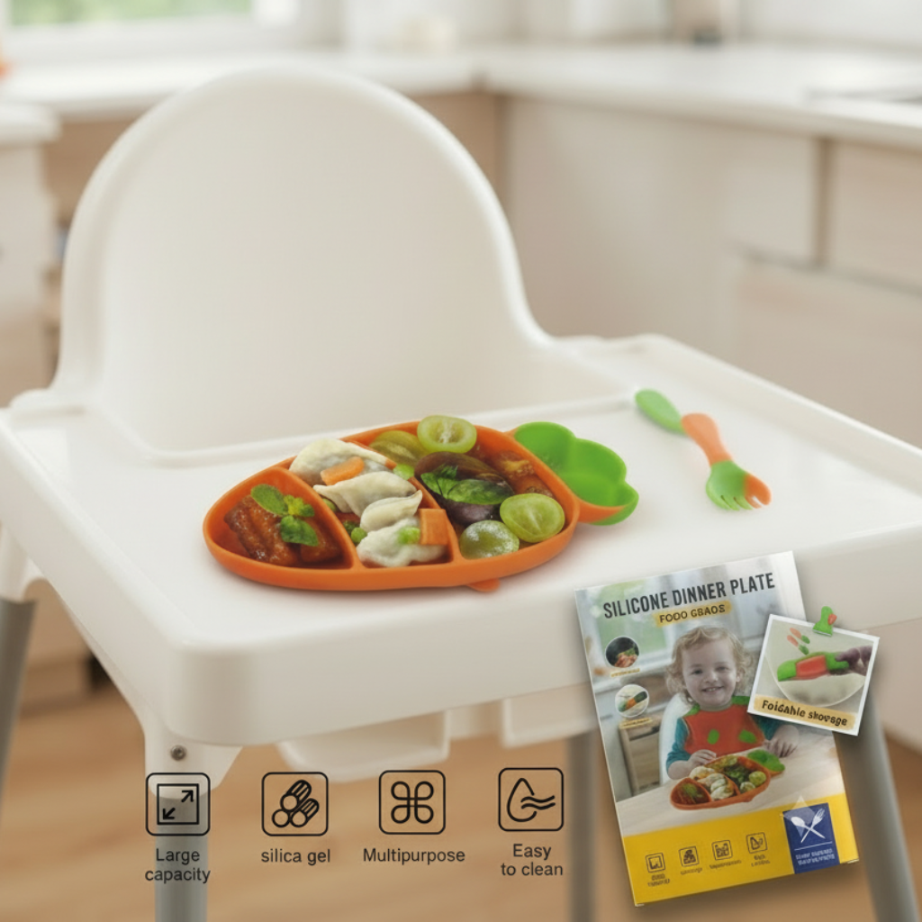 Silicone Dinner Plate Set with Bib & Spoon – Baby Feeding Set