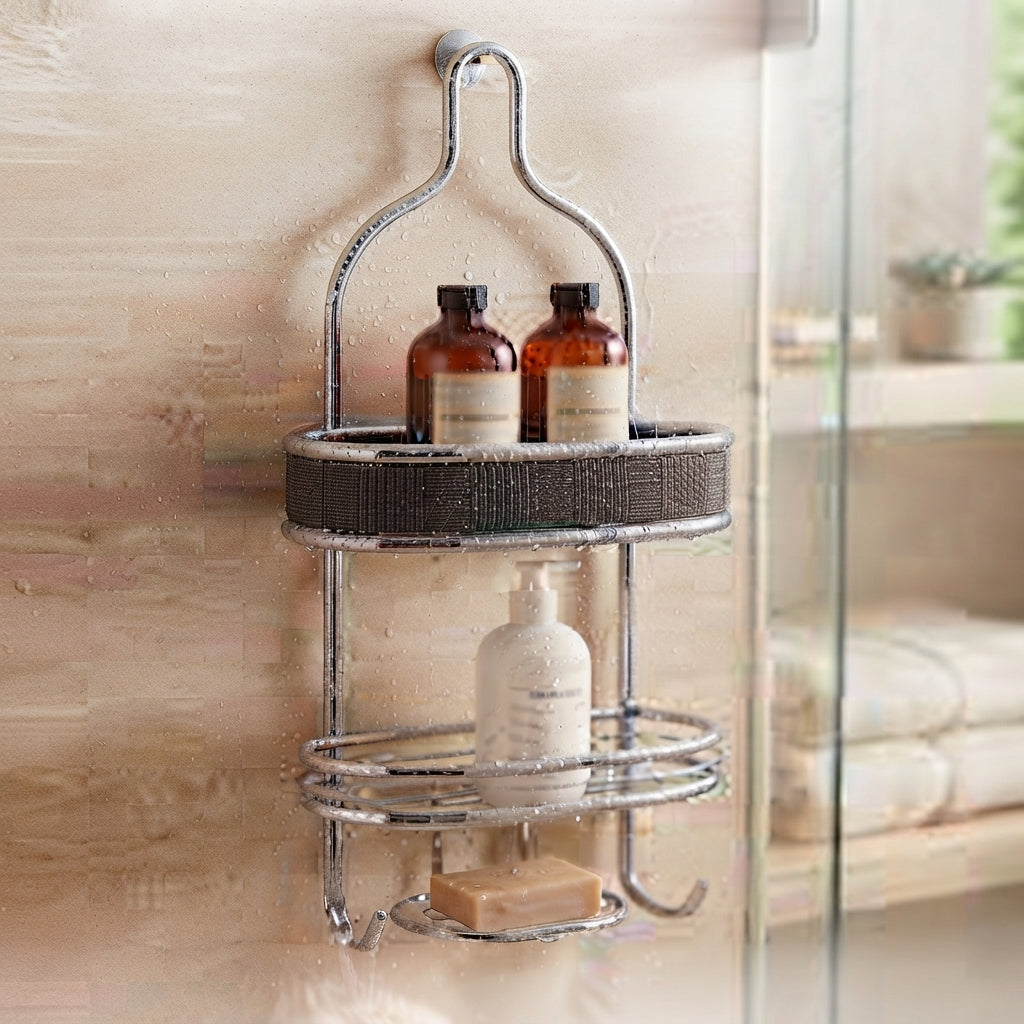 2-Tier Chrome Shower Caddy – Over-the-Shower-Head Organizer with Soap Dish & Hooks