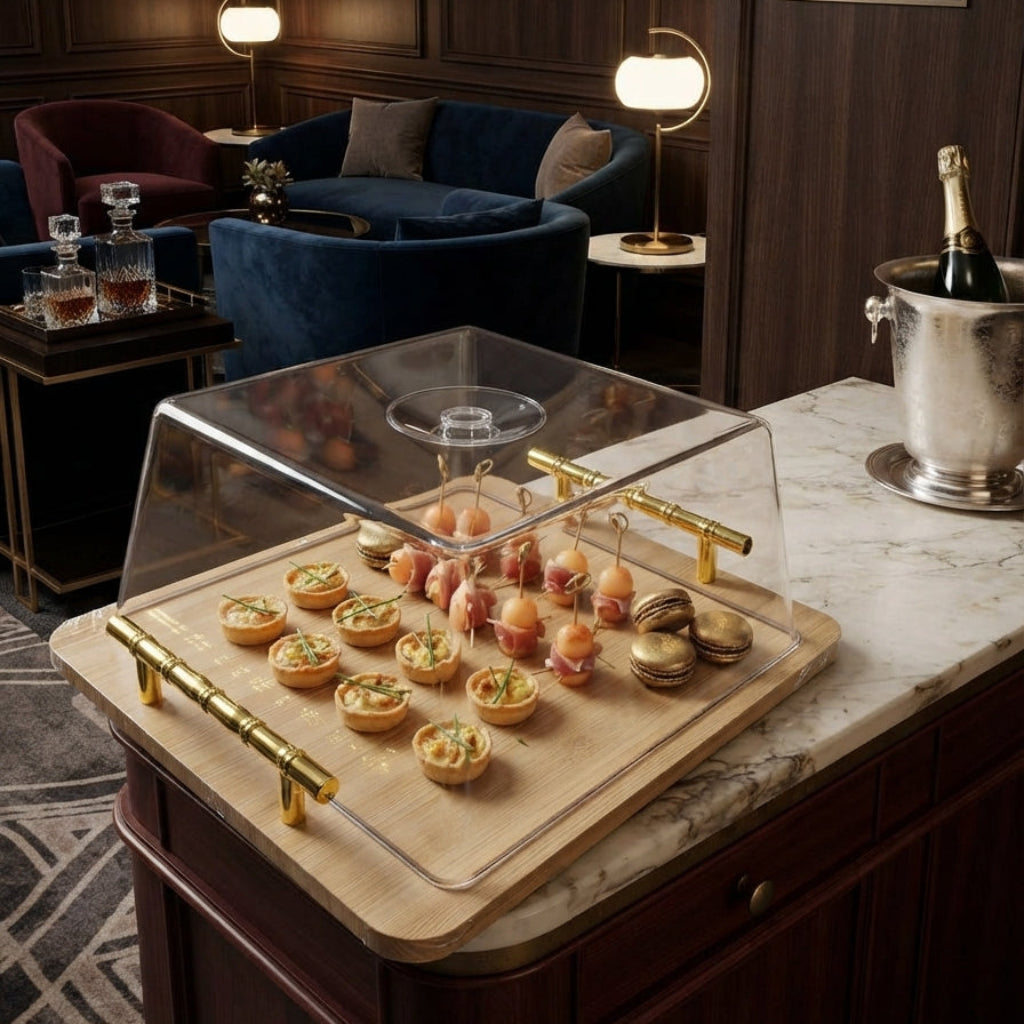 Luxury Wooden Serving Tray with Clear Acrylic Cover – Elegant Food & Snack Display Tray