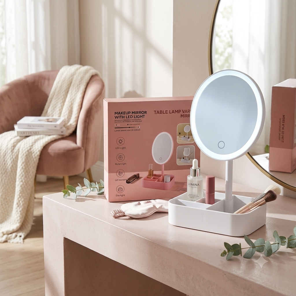 LED Tabletop Vanity Makeup Mirror with Storage Tray – Touch Control, Adjustable Angle & Desktop Organizer