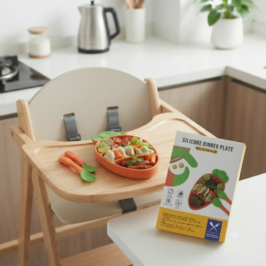 Silicone Dinner Plate Set with Bib & Spoon – Baby Feeding Set
