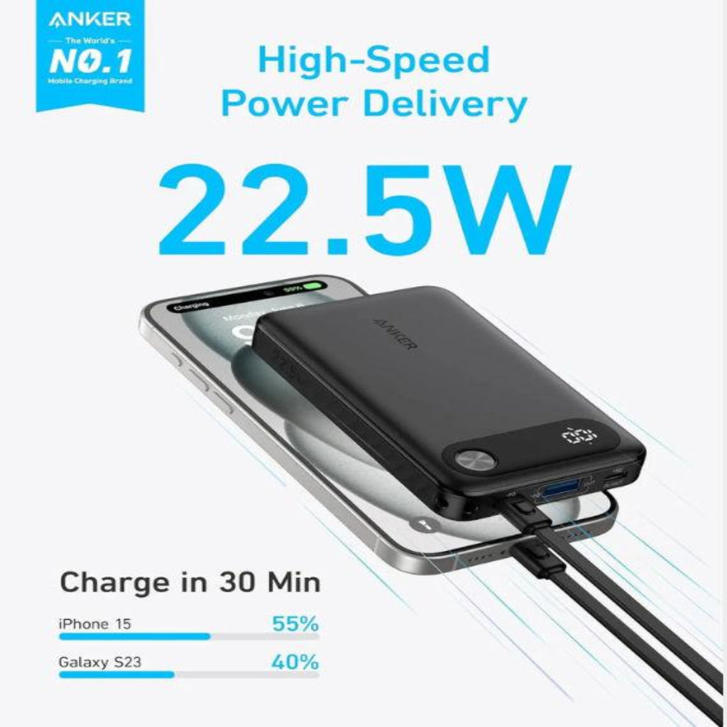 باور بانك انكر باور كور 10000 ملي امبير، 22.5 واط، USB-C وUSB-A، شحن سريع PD، A1257H11 - أسود