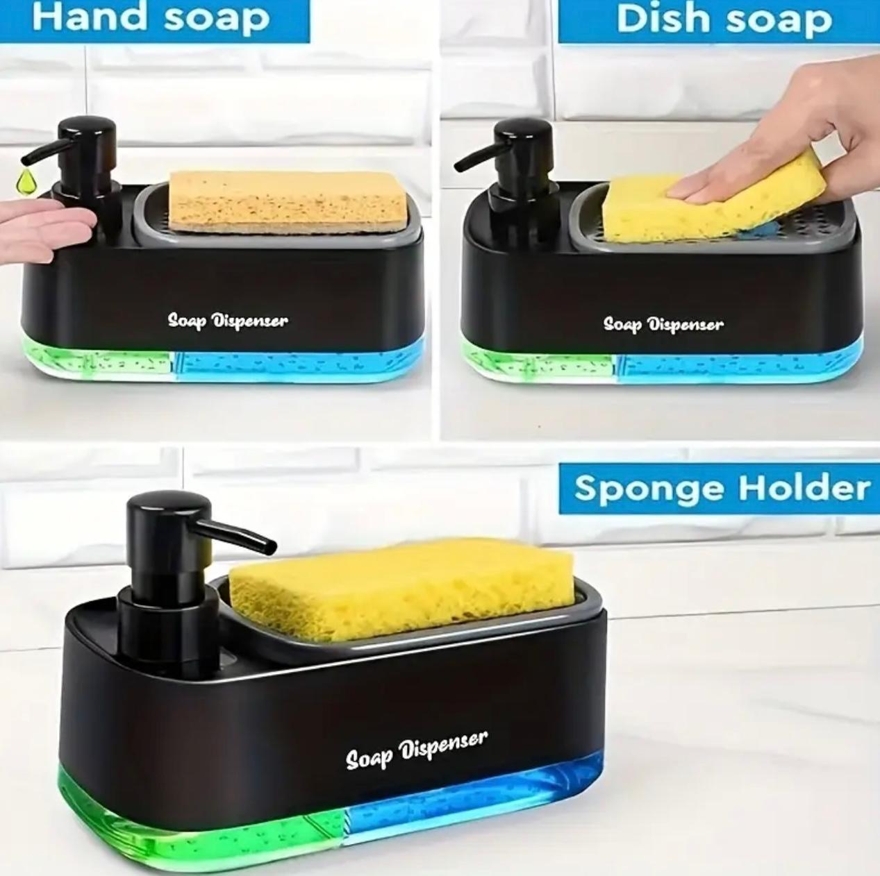 3-in-1 Hand & Dish Soap Dispenser Set with Sponge Holder – Double Pump Countertop Organizer