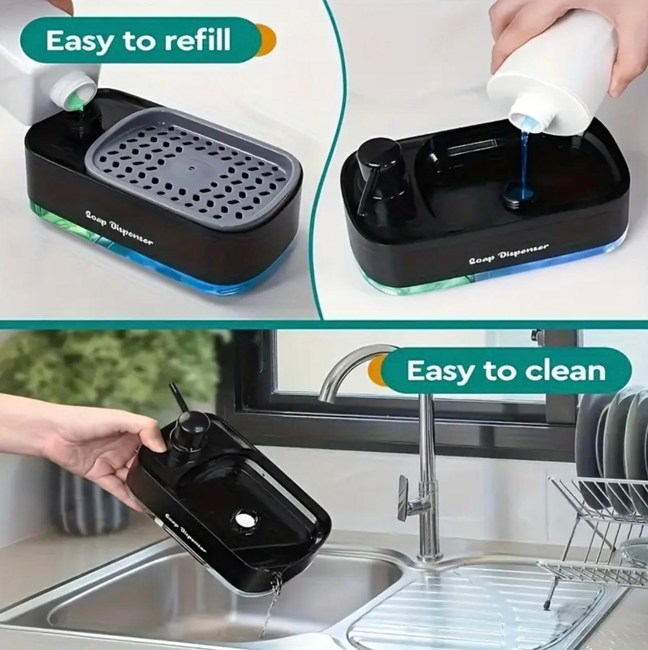 3-in-1 Hand & Dish Soap Dispenser Set with Sponge Holder – Double Pump Countertop Organizer