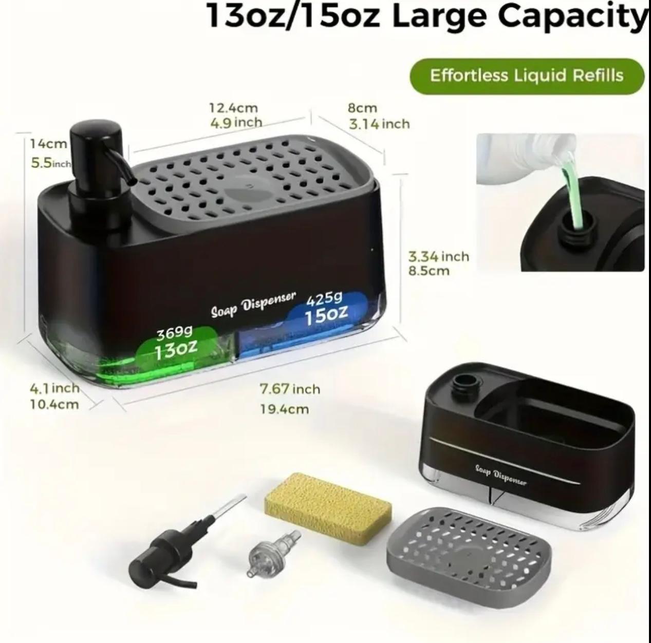 3-in-1 Hand & Dish Soap Dispenser Set with Sponge Holder – Double Pump Countertop Organizer