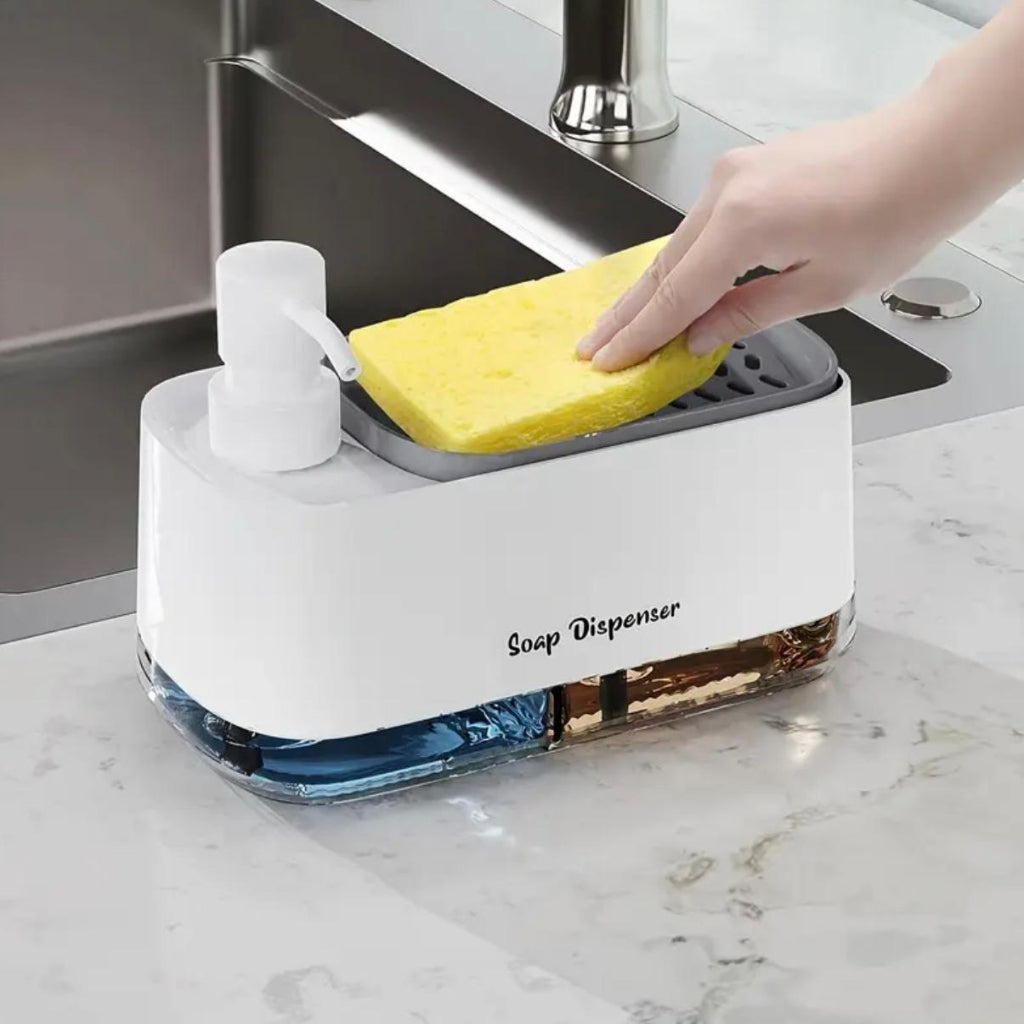 3-in-1 Hand & Dish Soap Dispenser Set with Sponge Holder – Double Pump Countertop Organizer