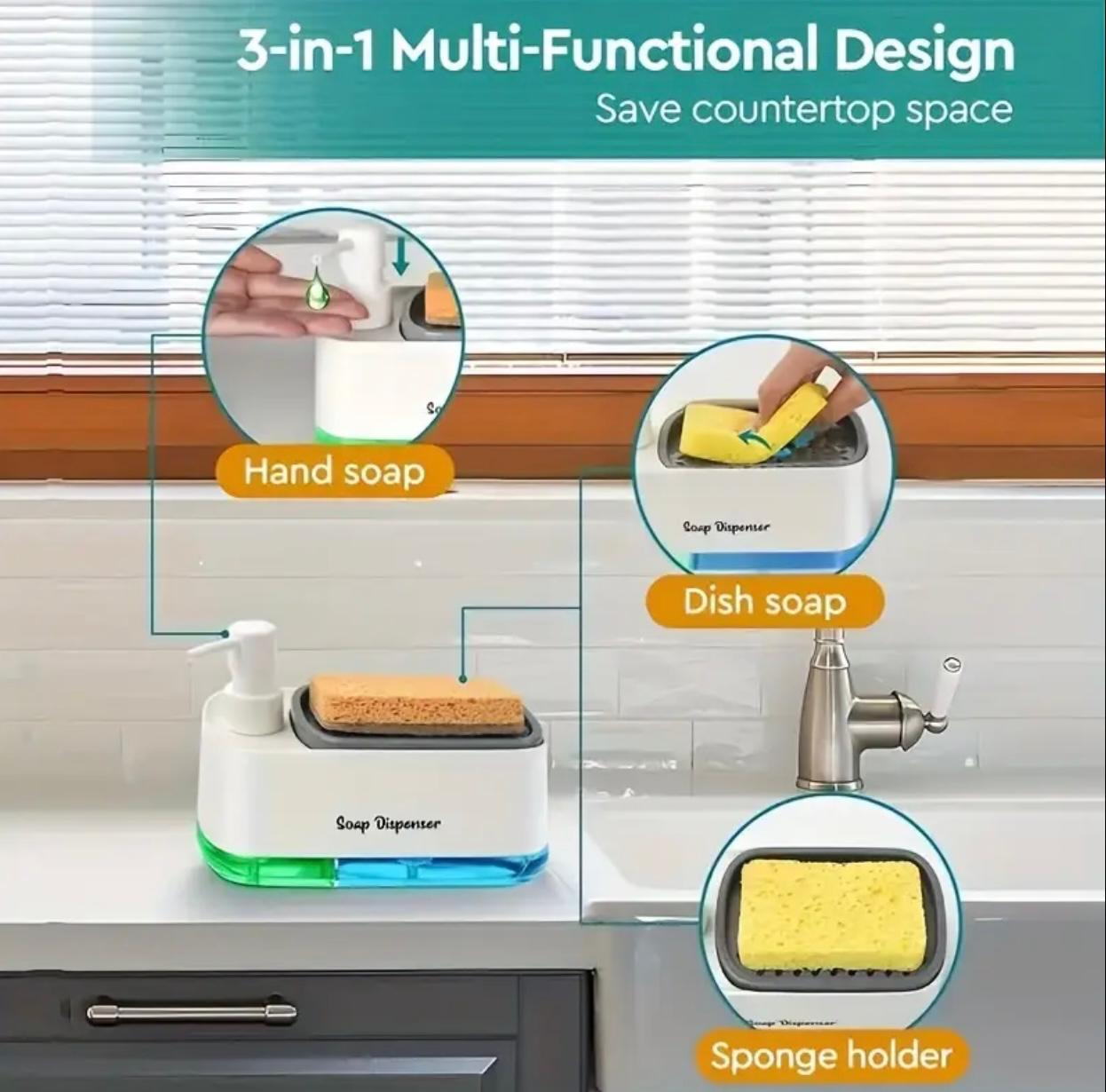 3-in-1 Hand & Dish Soap Dispenser Set with Sponge Holder – Double Pump Countertop Organizer