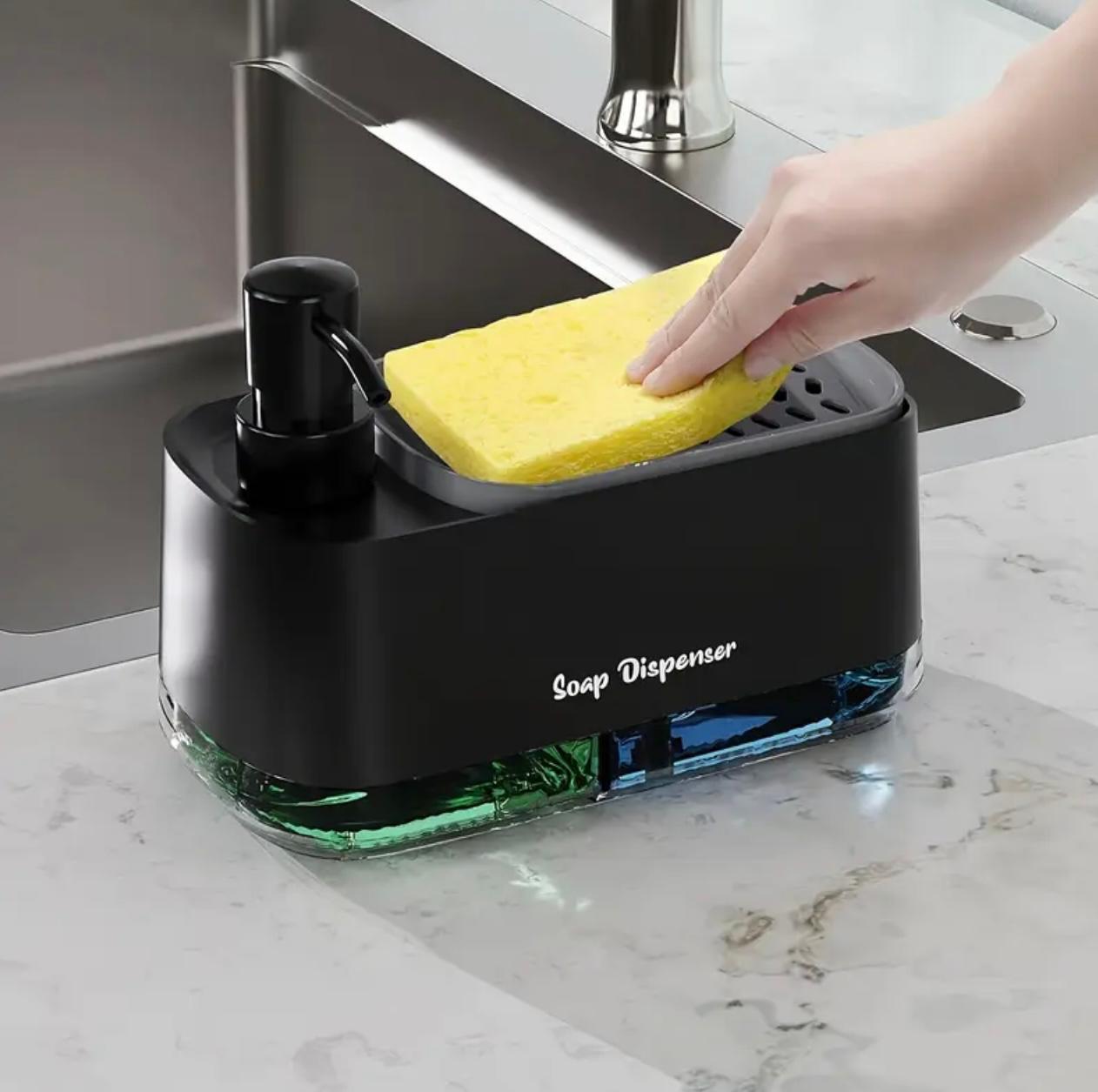 3-in-1 Hand & Dish Soap Dispenser Set with Sponge Holder – Double Pump Countertop Organizer