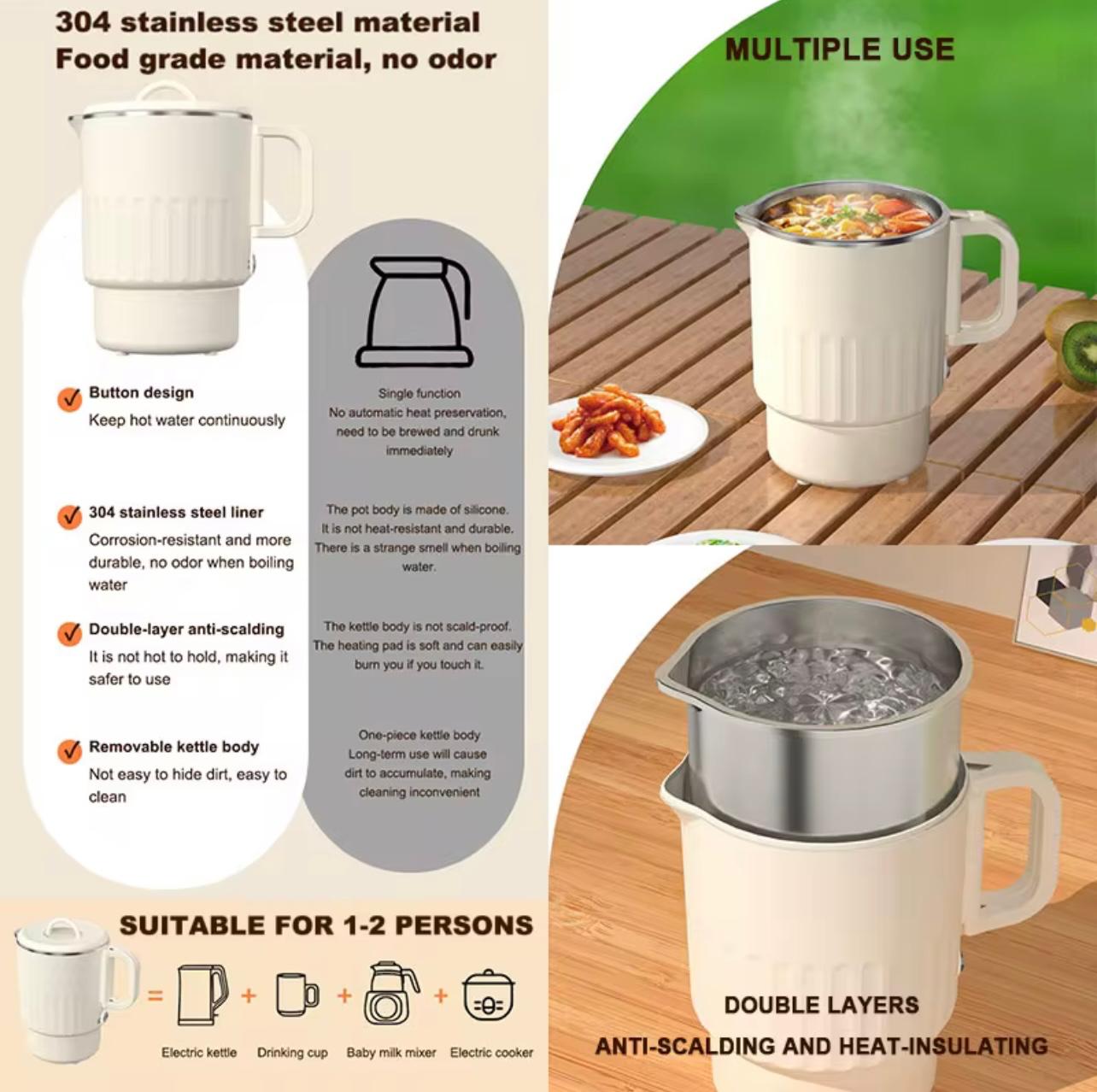 Small Stainless Steel Portable Electric Kettle Cordless Mini Travel & Outdoor Folding Water Kettle for Home & Kitchen Use