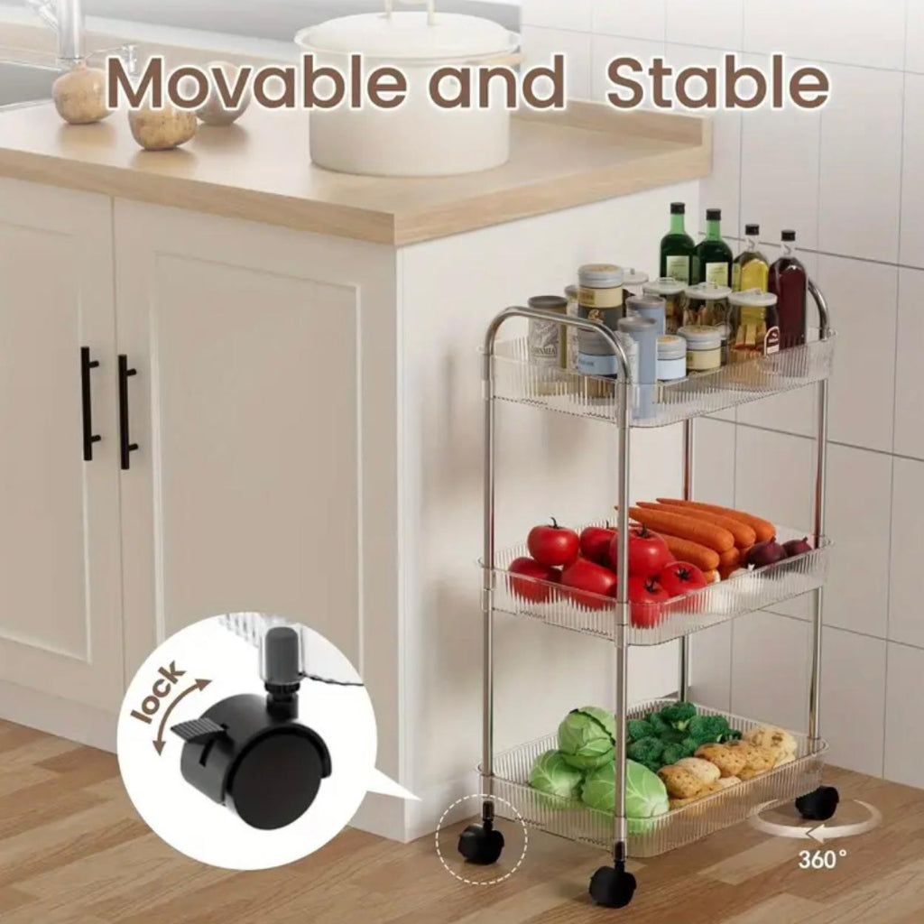 3-Tier Transparent Acrylic Storage Cart with Wheels – Multi-Layer Organizer for Bathroom