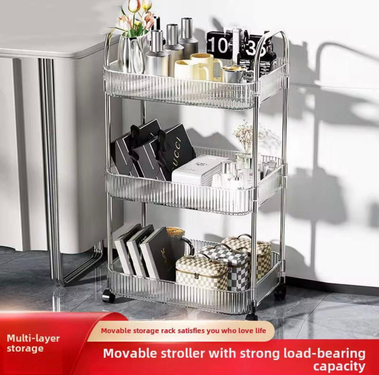 3-Tier Transparent Acrylic Storage Cart with Wheels – Multi-Layer Organizer for Bathroom