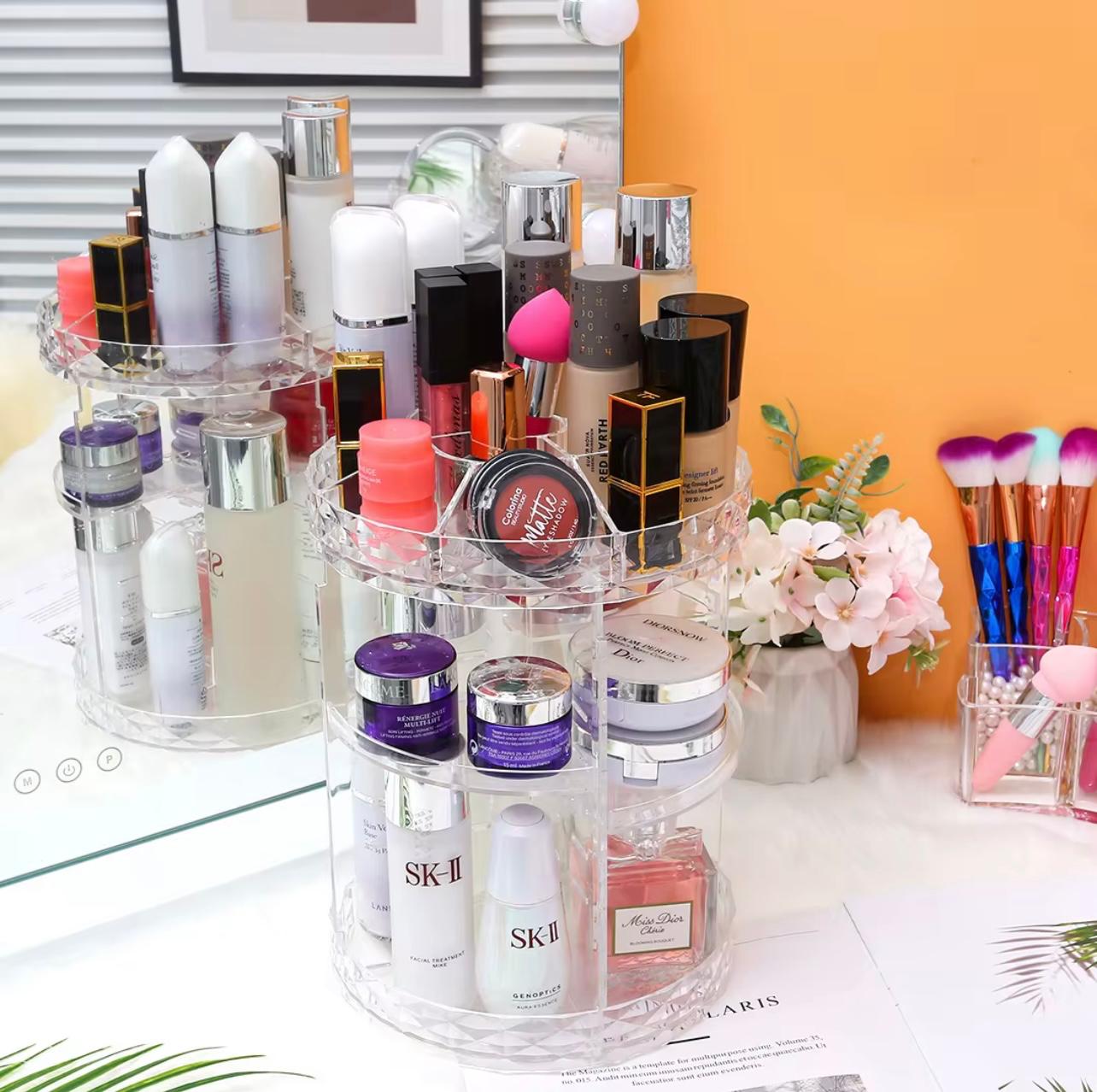 منظم مكياج دوار مع أرفف قابلة للتعديل - صندوق تخزين مستحضرات التجميل بزاوية 360 درجة