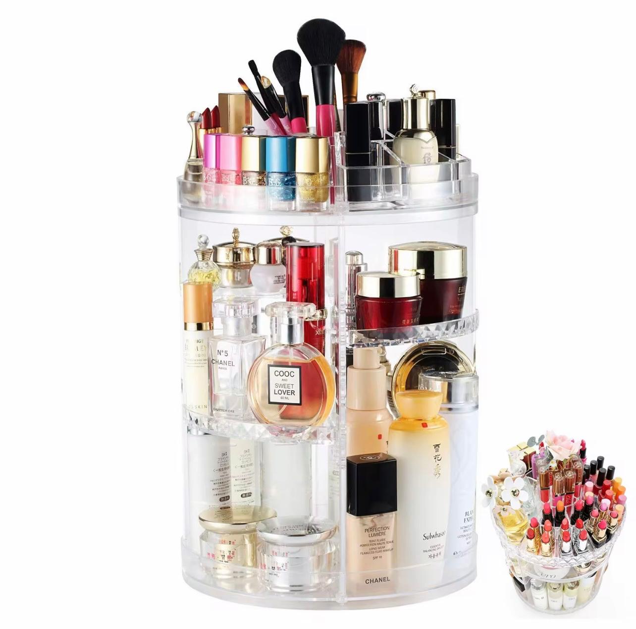 منظم مكياج دوار مع أرفف قابلة للتعديل - صندوق تخزين مستحضرات التجميل بزاوية 360 درجة