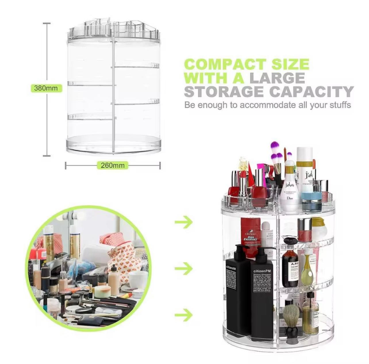 منظم مكياج دوار مع أرفف قابلة للتعديل - صندوق تخزين مستحضرات التجميل بزاوية 360 درجة