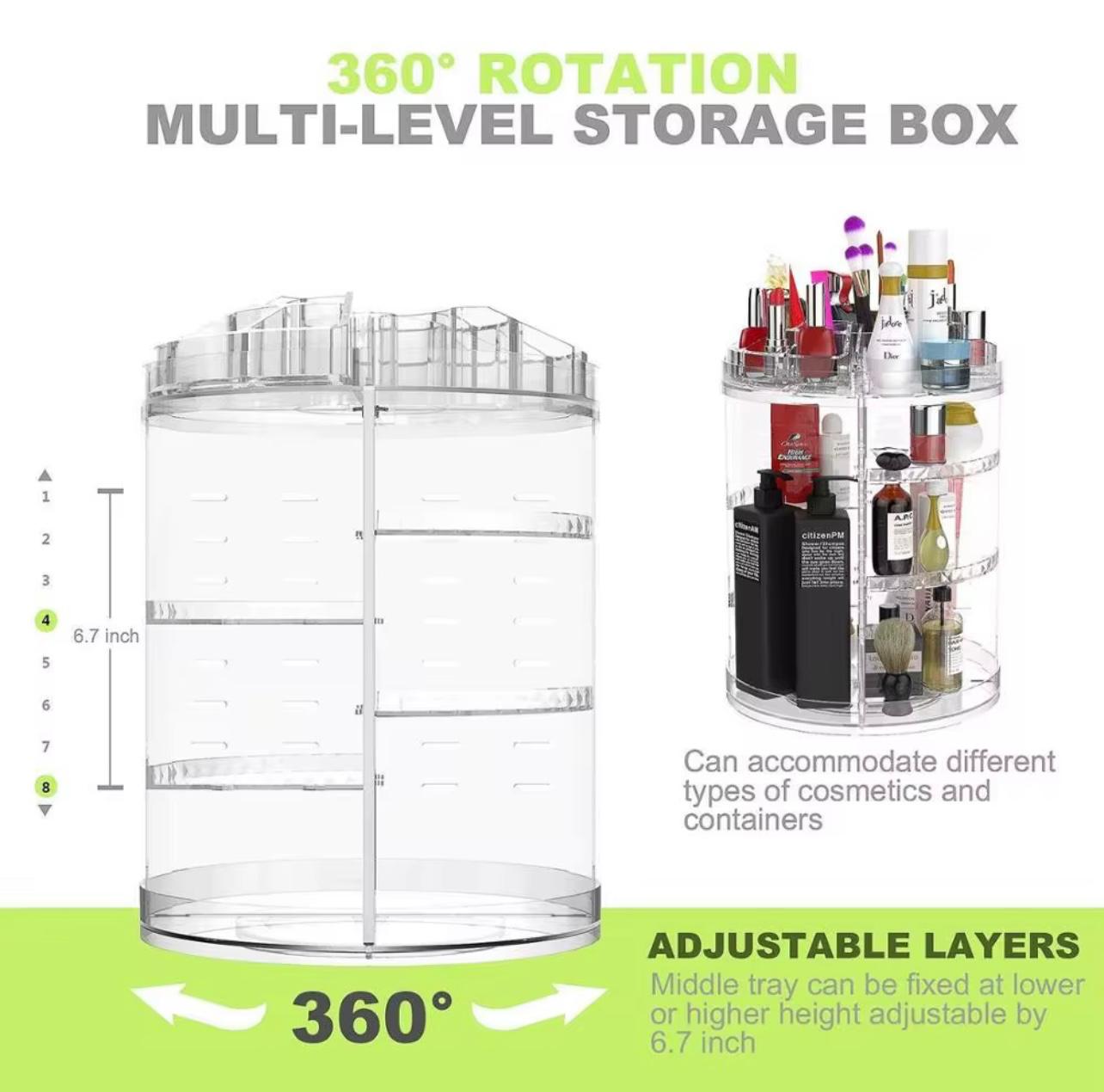 منظم مكياج دوار مع أرفف قابلة للتعديل - صندوق تخزين مستحضرات التجميل بزاوية 360 درجة