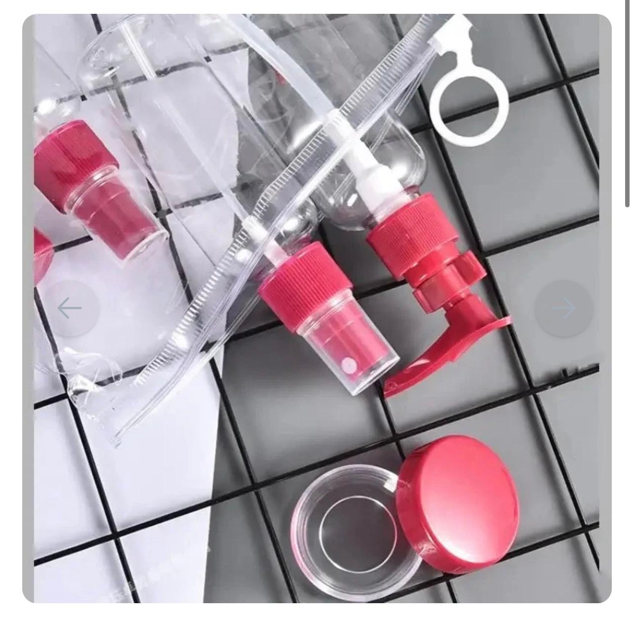 5pcs Travel Bottle Set – Transparent Spray & Press Bottles for Cosmetics