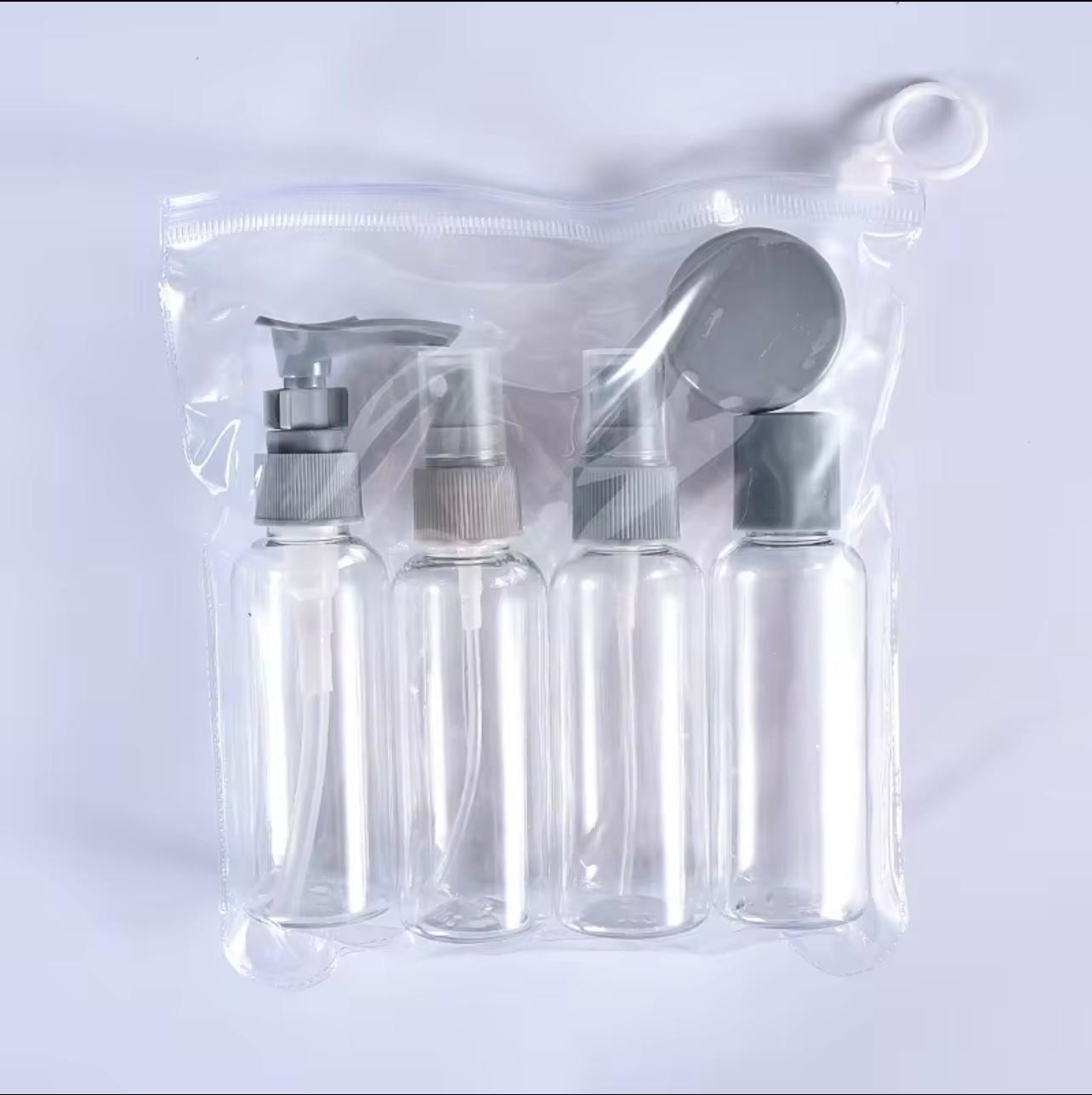5pcs Travel Bottle Set – Transparent Spray & Press Bottles for Cosmetics