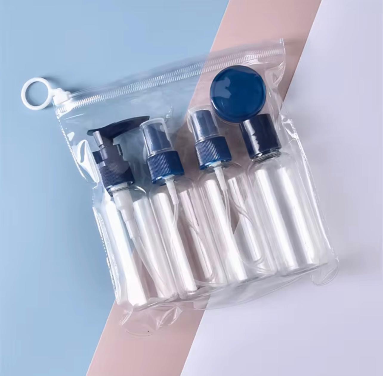 5pcs Travel Bottle Set – Transparent Spray & Press Bottles for Cosmetics