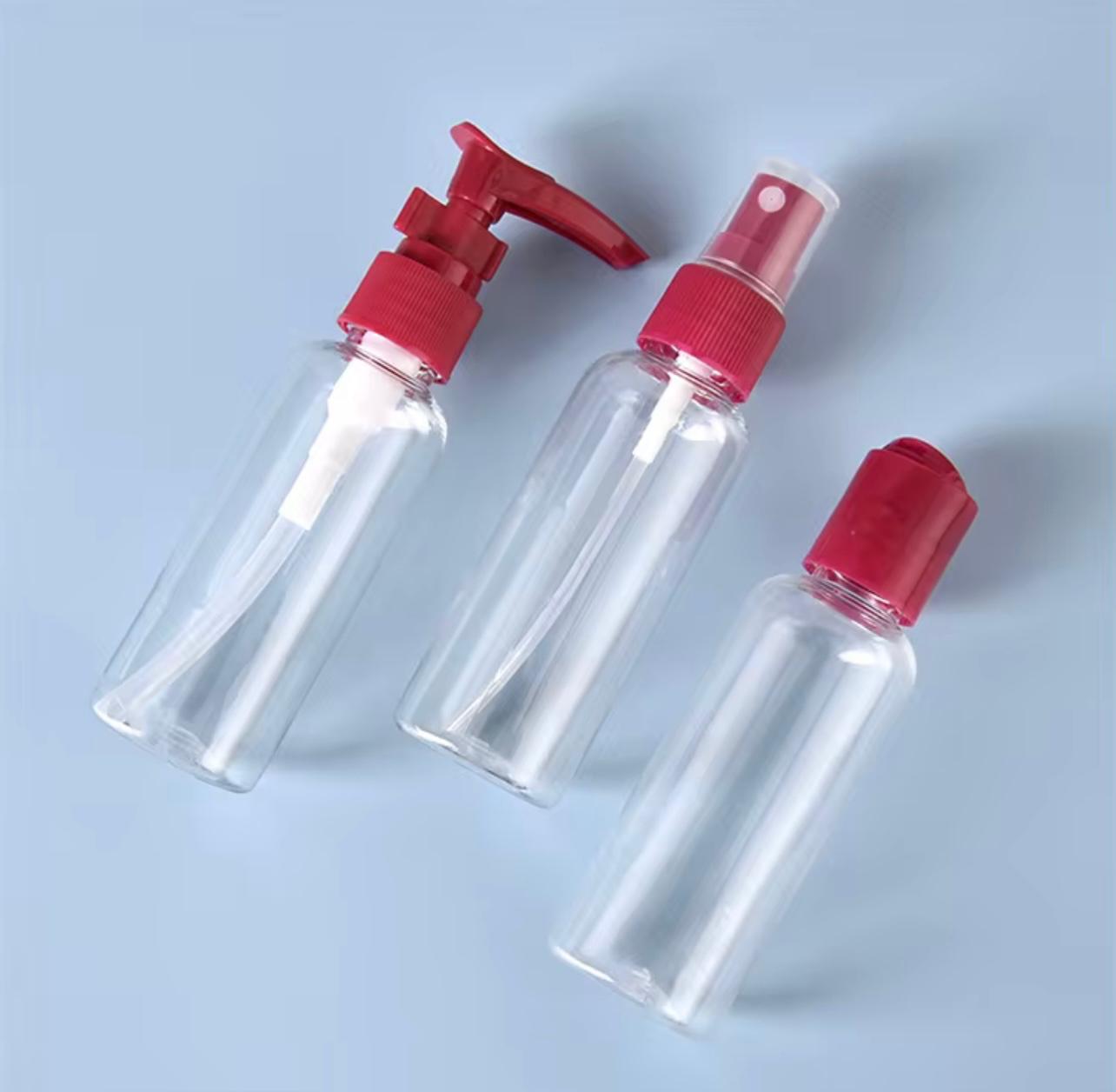 5pcs Travel Bottle Set – Transparent Spray & Press Bottles for Cosmetics